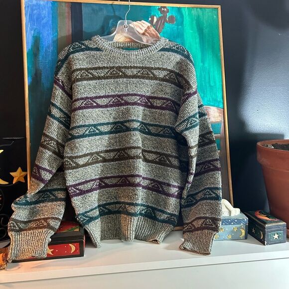 Vintage 90s Striped Knit Sweater in Gray and Purple M - Picture 2 of 16
